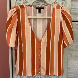 Forever 21 1970’s retro Striped V-Neck Button-Front Blouse with puff sleeves L